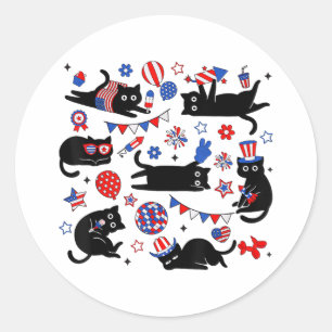 Sticker Rond Mignon Chat Noir Drapeau USA Feu d'Artifice Patrio