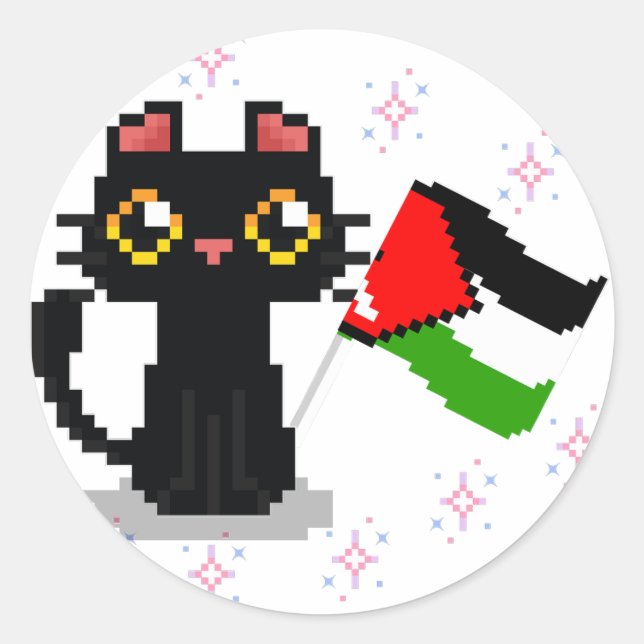 Sticker Rond mignon chat noir tient drapeau de la Palestine (Devant)