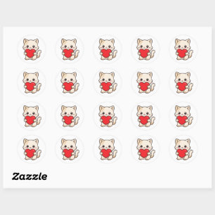 Sticker Rond Mignon Chaton Tenant un Cœur Rouge - Adorable Ca K