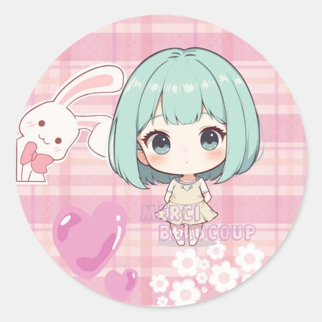 Sticker Rond Mignon Chibi Cheveux Verts (Devant)