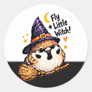 Sticker Rond Mignon Chibi Moineau Oiseau Sorcière Halloween amu