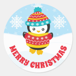 Sticker Rond Mignon Enfant Pull de Noël Rouge Pingouin