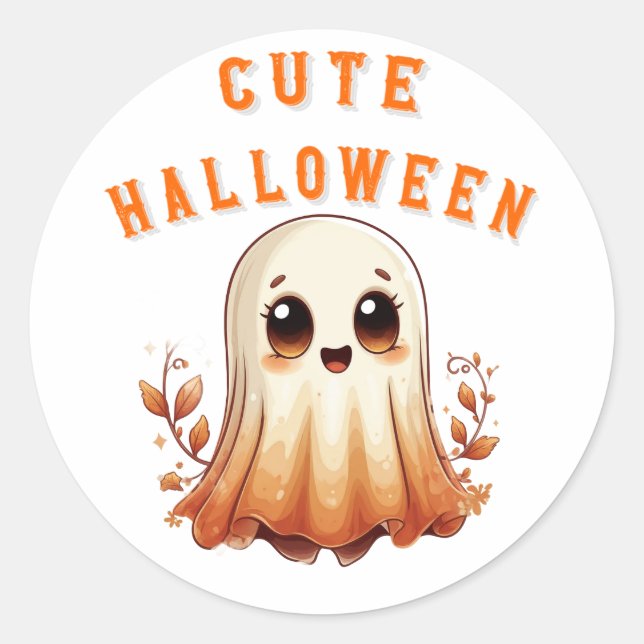 Sticker Rond Mignon Fantôme Kawaii Avec Feuilles D'automne Hall (Devant)