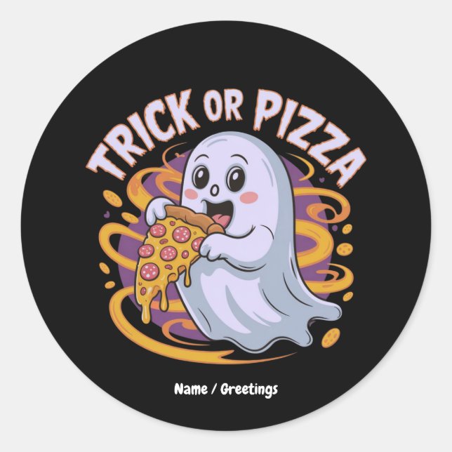 Sticker Rond Mignon Fantôme Mangeant de la Pizza Amusant Effray (Devant)