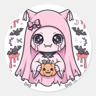Sticker Rond Mignon Fantôme Rose Fille Kawaii Citrouille Hallow