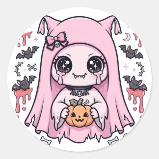 Sticker Rond Mignon Fantôme Rose Fille Kawaii Citrouille Hallow