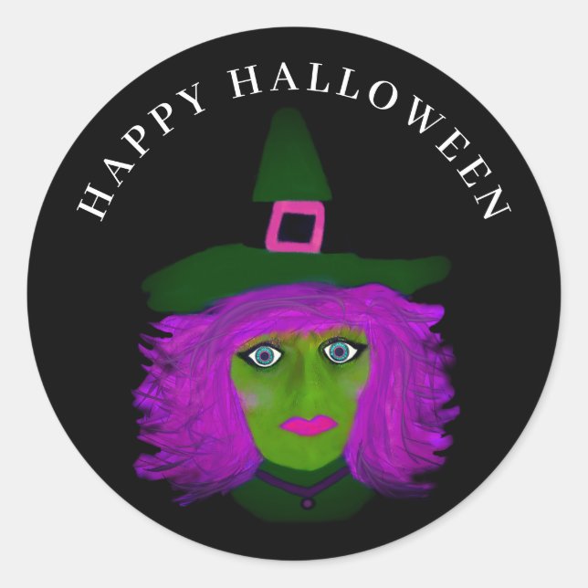 Sticker Rond Mignon Glam Halloween Sorcière Noir Violet (Devant)