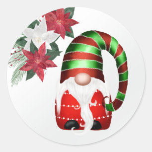 Sticker Rond Mignon gnome rouge vert Poinsettia Noël
