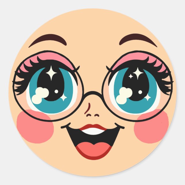 Sticker Rond mignon gros oeil caricature filles lunettes Visage (Devant)
