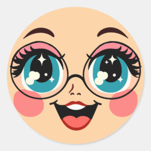 Sticker Rond mignon gros oeil caricature filles lunettes Visage