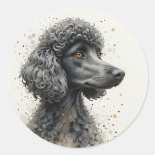 Sticker Rond Mignon Happy Black Poodle Standard Animal de Compa