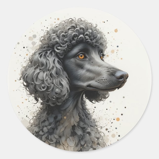 Sticker Rond Mignon Happy Black Poodle Standard Animal de Compa (Devant)