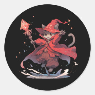 Sticker Rond Mignon Héros Chat Mage Rouge