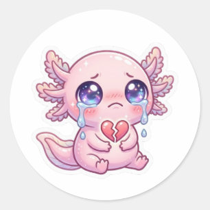 Sticker Rond Mignon Kawaii Axolotl Triste Pleure avec un Cœur B
