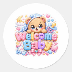 Sticker Rond Mignon Kawaii Bienvenue Bébé Ours en Peluche Rose 