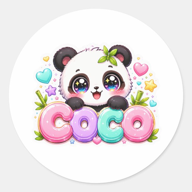 Sticker Rond Mignon Kawaii Coco Panda Nom Pastel Rose Étincelan (Devant)