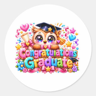 Sticker Rond Mignon Kawaii Félicitations Diplômé Hibou Pastel P