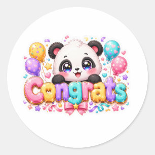 Sticker Rond Mignon Kawaii Félicitations Panda Nom Pastel Rose 