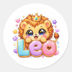 Sticker Rond Mignon Kawaii Leo Lion Nom Couronne Rose Pastel Ét