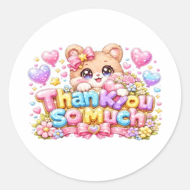 Sticker Rond Mignon Kawaii Merci Beaucoup Ours en Peluche Paste (Devant)