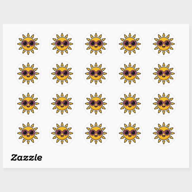 Sticker Rond Mignon Kawaii Soleil Rétro Portant des Lunettes de (Feuille)