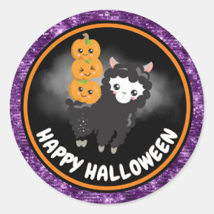 Sticker Rond Mignon Lama Enfants & Paillettes Violettes Joyeux