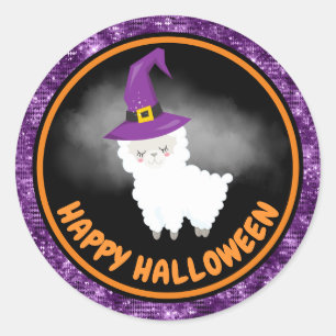 Sticker Rond Mignon Lama Enfants & Paillettes Violettes Joyeux