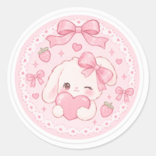 Sticker Rond Mignon Lapin Coquette Rose avec Rubans et Cœurs Ro