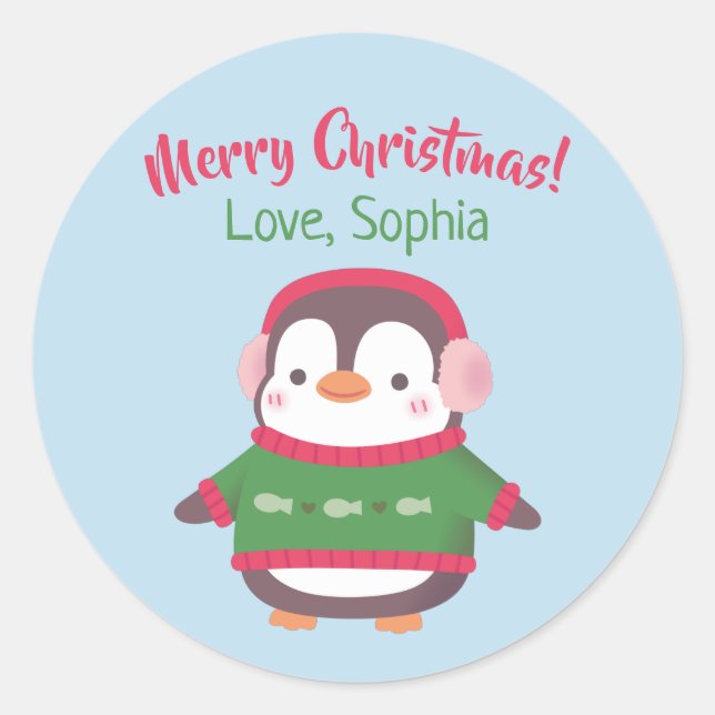 Sticker Rond Mignon Manchot Avec Cache-Oreilles Et Pull De Noël (Devant)