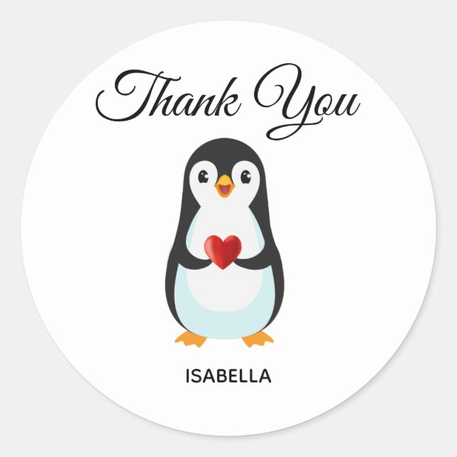 Sticker Rond Mignon manchot avec cœur Merci (Devant)