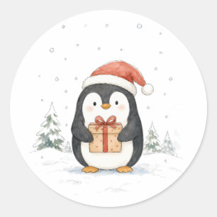 Sticker Rond Mignon manchot de Noël avec cadeau et chapeau de P