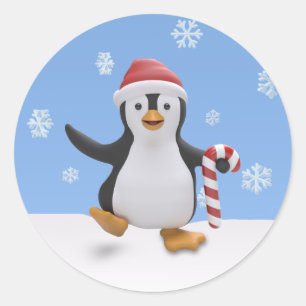 Sticker Rond Mignon manchot de Noël avec chapeau de Père Noël e