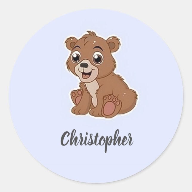 Sticker Rond Mignon ours brun bleu (Devant)