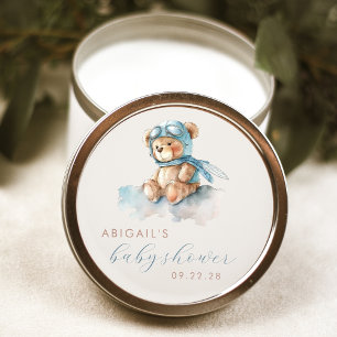 Sticker Rond Mignon Ours en Peluche Aquarelle Bleu Baby Shower 
