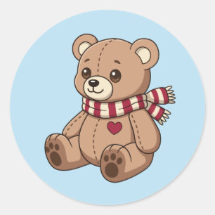 Sticker Rond Mignon ours en peluche avec écharpe rayée bleue