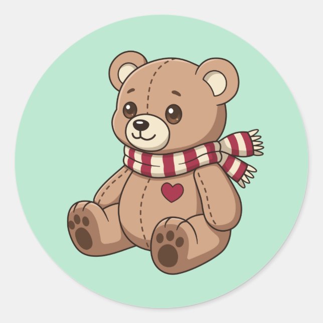 Sticker Rond Mignon ours en peluche avec écharpe rayée verte (Devant)