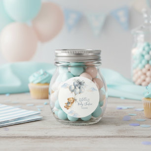 Sticker Rond Mignon ours en peluche ballons bleus nuages petit 