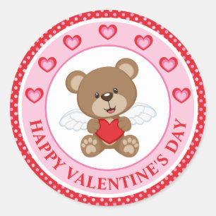 Sticker Rond Mignon ours et cœur de la Saint-Valentin à pois