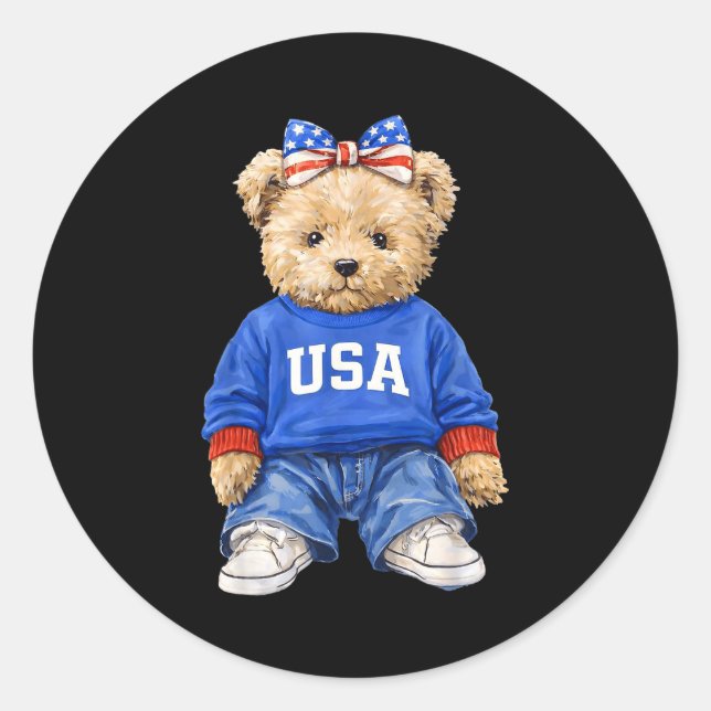 Sticker Rond Mignon ours patriotique États-Unis 4 juillet améri (Devant)