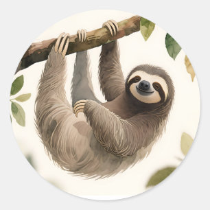 Sticker Rond Mignon paresseux suspendu aquarelle sourire détend
