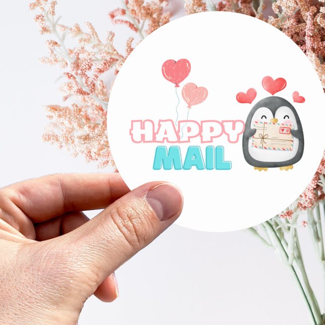 Sticker rond mignon Penguin Happy Mail avec coeur (Créateur téléchargé)