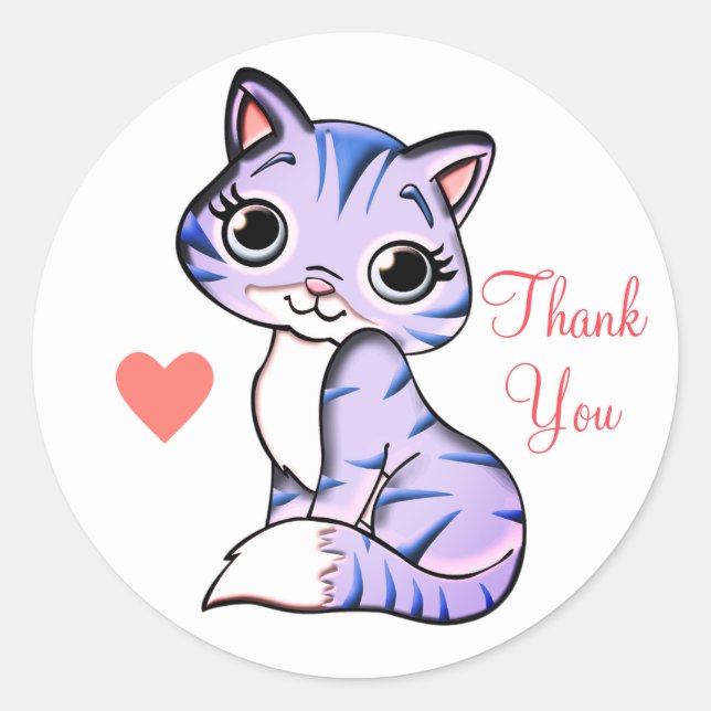 Sticker Rond Mignon petit chat avec cœur Merci (Devant)