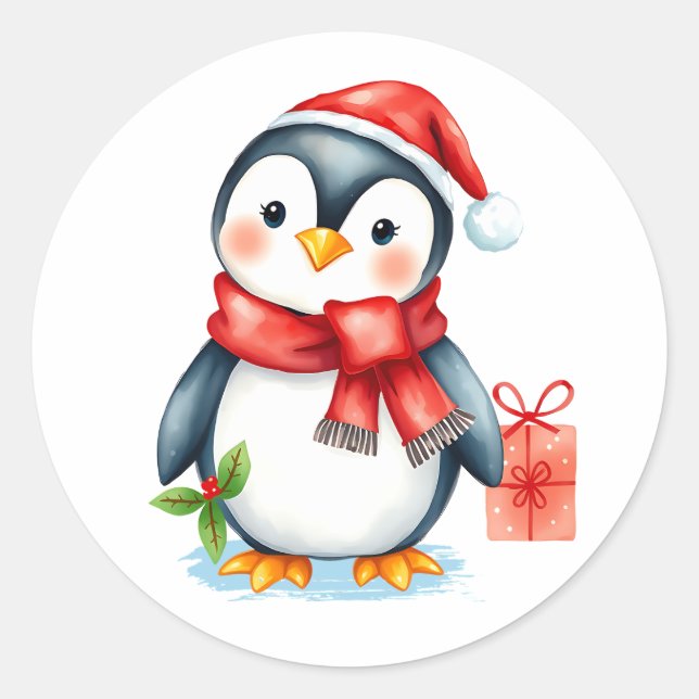 Sticker Rond Mignon pingouin de Noël festif (Devant)