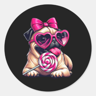 Sticker Rond Mignon Pug avec un cœur lunettes noeud papillon Sa