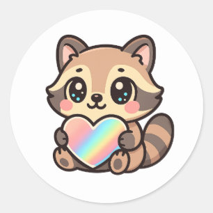 Sticker Rond Mignon Raccoon Kawaii Heureux avec Cœur Arc-en-cie