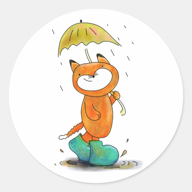 Sticker Rond mignon renard de dessin animé sous la pluie avec p (Devant)