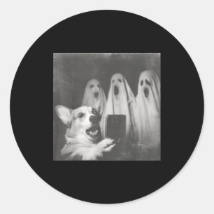 Sticker Rond Mignon selfie de corgi avec des fantômes rétro Hal