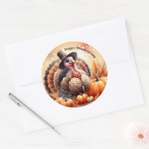 Sticker Rond Mignon Turquie pèlerin Casquette Citrouilles Corn