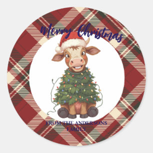 Sticker Rond Mignon vache joyeuse arbre de Noël veau bœuf Xmas