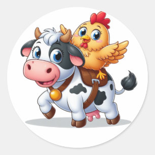 Sticker Rond mignon vache/poulet caricature